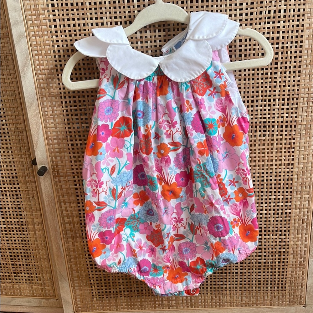 Jacardi Liberty fabric Floral Baby Romper with scallop Collar